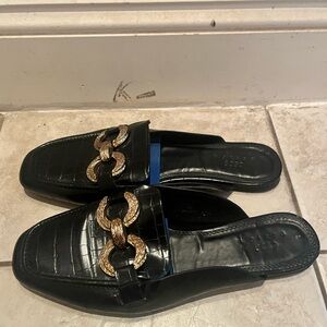 Black Leather Mules with Gold Chain Detail